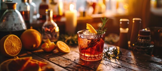 Vintage aesthetic: Table with gin tonic, Negroni cocktail, charred orange, lemon slice, blooming rosemary. - obrazy, fototapety, plakaty