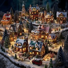 Christmas and New Year miniature village with houses, trees and snow.