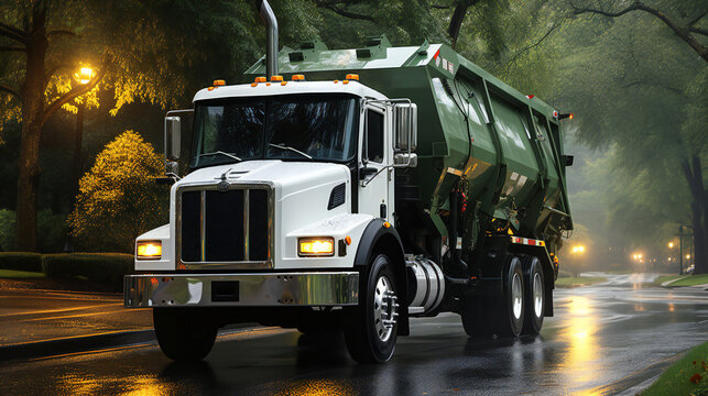 A Photo Of Garbage Truck In The Town During A Rainy Day