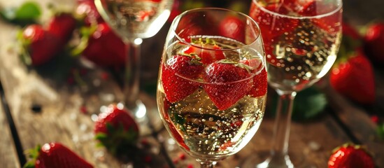 Glasses with bubbly wine and strawberries.