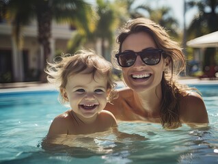 A young mother with a small child is swimming in the hotel pool. They are laughing with joy. - obrazy, fototapety, plakaty