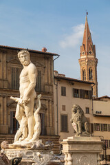 Florence, Italy - Neptune Fountain. Marble sculpture, Renaissance masterpiece, naked Poseidon