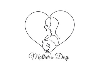 Happy Mother day card. Continuous one line drawing. Woman hold her baby. Vector illustration	