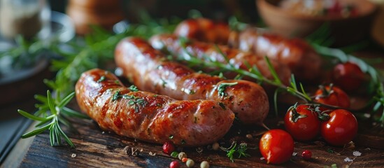 Delicious Polish sausage on kitchen desk. - obrazy, fototapety, plakaty
