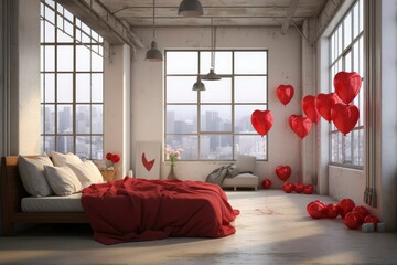 Beautiful red air balloons with bed in interior of room with window. Valentinebed's Day
