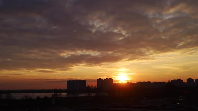 skyline view at sunset city view in Ukraine. shutdown blackout. 