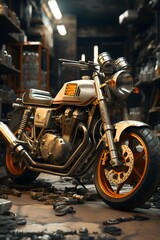 Old motorcycle in the garage. Selective focus. High quality photo