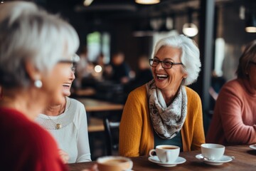 Fototapeta na wymiar Senior Women Sharing Laughs Over Coffee in a Cafe