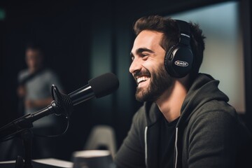 Smiling young man talking on podcast in studio