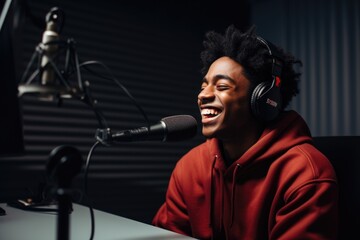 Fototapeta na wymiar Smiling young man talking on podcast in studio