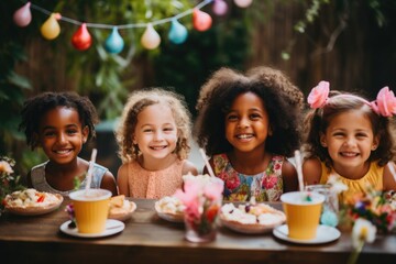 Small diverse children celebrating birthday in home backyard