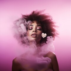  Portrait of a beautiful afro american girl with closed eyes in rapture surrounded by pink mist. A small heart made of white and pink roses gently touches her cheek,  symbol of spring, love, youth...