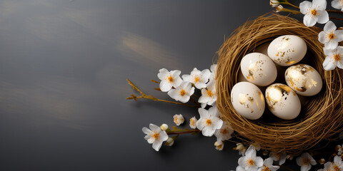 Happy easter holiday background. Painted eggs and spring flowers. Festive banner with space for text.