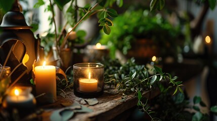 Bohemian Home Decor: Burning Candle and Green Leaves Artistic Arrangement