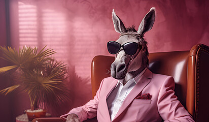 A cool looking Mule portrait in a suit, sunglasses, and tie sitting in the armchair. A Humanoid animal posing as a Boss, pastel pink pimp background.