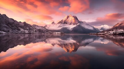 Panoramic view of snow-capped mountains reflected in water at sunset