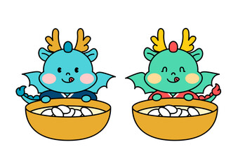 한복을 입은 용 캐릭터와 떡국