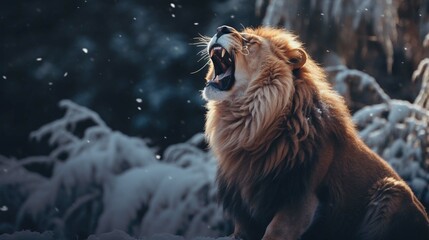 Lion making a howling sound in winter snow