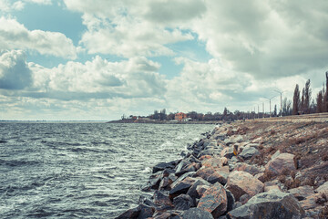 River bank in windy weather with waves