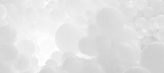 White background with flying balloons - clean design, 3d abstract realistic banner. - obrazy, fototapety, plakaty