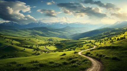 Picturesque road through hilly countryside.