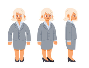 Woman in a gray business suit, front and side views. Cartoon simple vector character