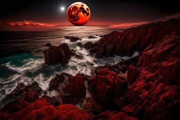 A panoramic view of a red moon over a rugged coastline, with waves crashing against the rocks, and the moonlight casting a reddish hue on the sea and cliffs.