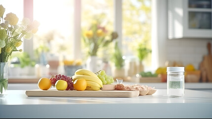 Fruits with a snack on a wooden board in a bright kitchen