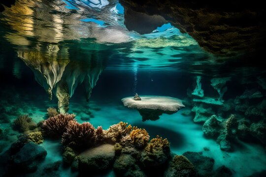 Discover an enchanting underwater cave with crystal-clear waters and mesmerizing rock formations, as seen through the lens of an HD camera.