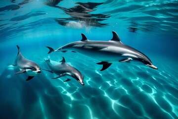Fototapeta premium Encounter a majestic pod of dolphins gracefully gliding through the ocean depths, their movements beautifully documented by an HD camera.