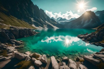 Sculpt a view of a remote alpine lake, nestled amidst rugged cliffs, with clear, emerald waters...