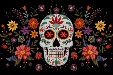 Rolgordijnen Schedel Mexican traditional embroidery pattern in the style of El Día de Muertos on a black background