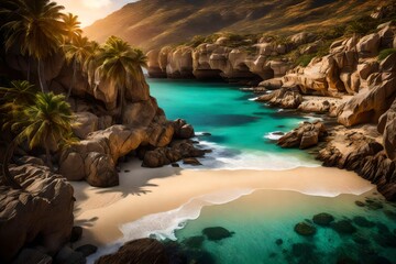 A secluded cove with golden sands and crystal-clear waters, framed by rugged cliffs. Palm trees...