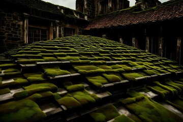 Fototapeta premium A patch of moss growing on an old rooftop, creating a natural green blanket over the weathered tiles.