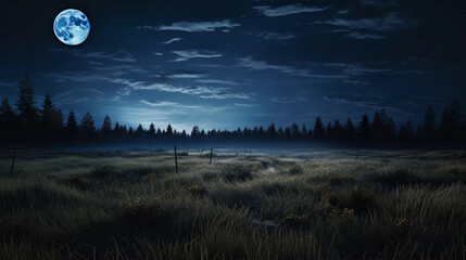 The breathtaking nocturnal scenery of a meadow with distant trees accentuated by a magnificent full moon Image editing and three dimensional illustration techniques were employed 