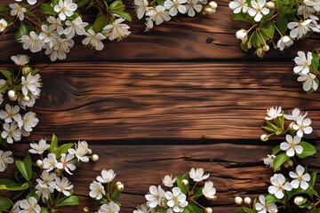Obraz na płótnie Canvas Wooden background table texture with spring flowers, empty space in the middle