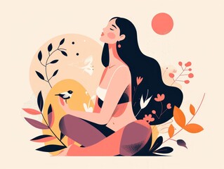 illustration of a girl sitting on the grass with a bird. Generative AI
