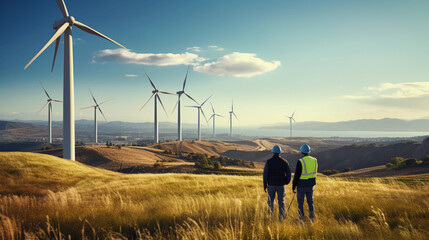 Two environmental workers in a wind power generation field, collaborating on sustainable energy projects, maintaining and monitoring wind turbines to support green energy initiatives, 