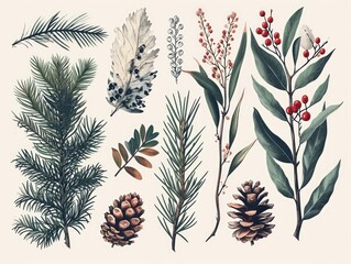 Set of hand drawn fir branches, pine cones and berries. illustration. Generative AI