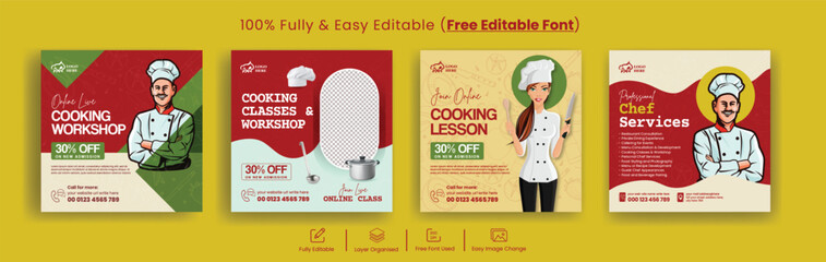 set of social media post banner for cooking class and chef hiring job service ads pack, culinary training center Instagram  flyer with chef illustration,
food Restaurant web banner bundle - obrazy, fototapety, plakaty