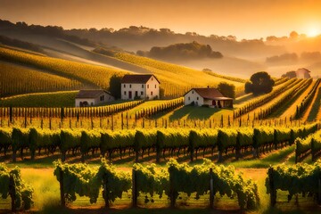 A lush vineyard at sunset, the rows of grapevines bathed in warm light and a picturesque farmhouse...