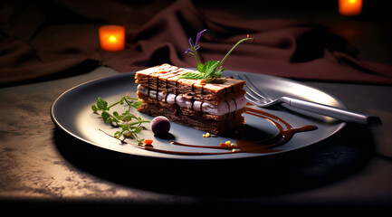 beautifully layered chocolate dessert on a plate, decorated with a drizzle of chocolate sauce, a sprig of mint, and a single berry, with elegant silverware on the side - obrazy, fototapety, plakaty