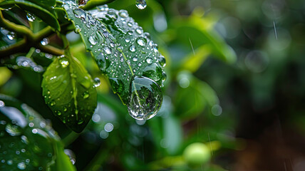 Fototapeta na wymiar Exquisite Water Droplets Amidst Exotic Jungle Plants