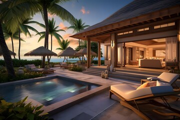 3D rendering of a modern luxury villa in the tropics - obrazy, fototapety, plakaty