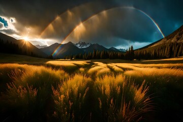 Capture the tranquility of a remote mountain meadow with a colorful rainbow arcing gracefully above, as the day's first light touches the scene.