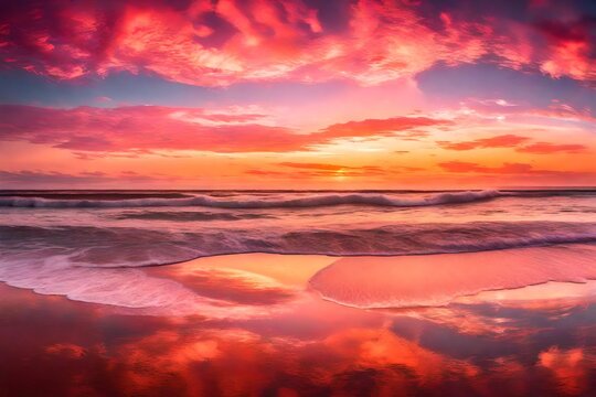 A panoramic view of a beach at sunrise, the sky painted in hues of pink and orange, and the sea reflecting the colors