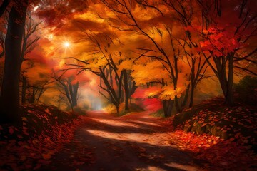A forest path covered in fallen leaves, displaying a spectrum of red, orange, and yellow hues, with the sunlight filtering through the canopy, creating a warm, dappled effect.