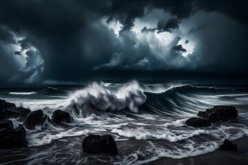 A dramatic beach scene with dark, stormy skies overhead and turbulent waves crashing against the shore. The contrast between the dark sky and the powerful sea creates a captivating view