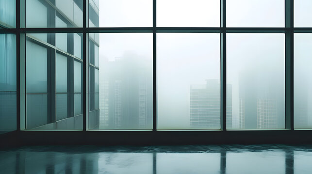 Fototapeta Large windows of a corporate office building, with downtown seen through the mist. Foggy day in the city. Big clean windows with a view. Copy space.