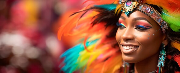 woman in colorful costume and feathers at Rio Carnival, bright colors, smiling, in the street,, blurred background, horizontal banner, large copy space for text, brazilicarnival and Mardi Gras concept